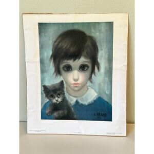 Vtg Print Girl And Her Cat 1961 Margaret Keane Big Eye No Frame 15x12”